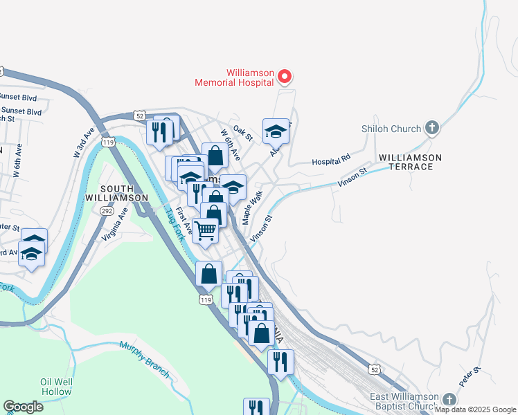 map of restaurants, bars, coffee shops, grocery stores, and more near Elm Street in Williamson
