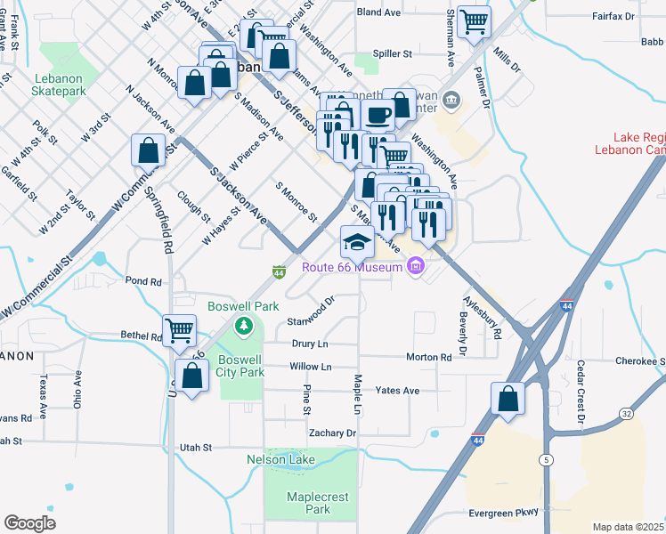 map of restaurants, bars, coffee shops, grocery stores, and more near 20 Greenwood Drive in Lebanon