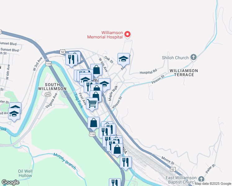 map of restaurants, bars, coffee shops, grocery stores, and more near Elm Street in Williamson