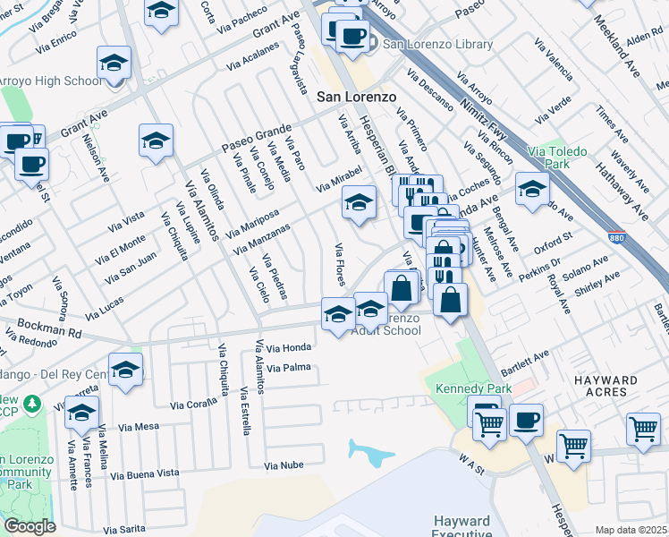 map of restaurants, bars, coffee shops, grocery stores, and more near 17315 Via Flores in San Lorenzo
