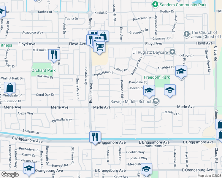 map of restaurants, bars, coffee shops, grocery stores, and more near 3144 Flushing Meadows Drive in Modesto