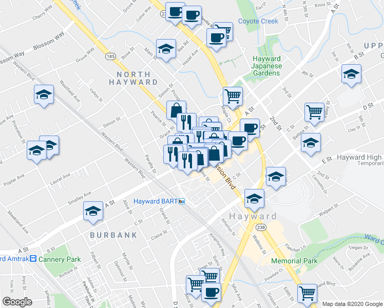 map of restaurants, bars, coffee shops, grocery stores, and more near 770 A Street in Hayward