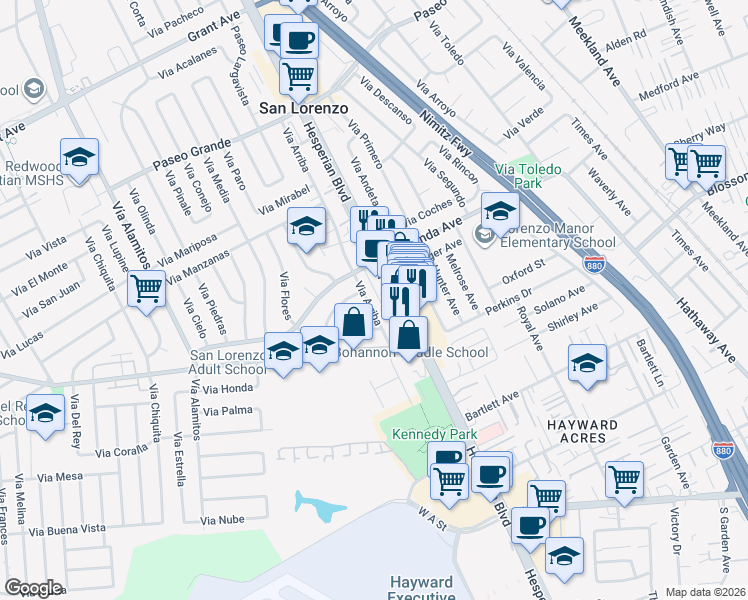 map of restaurants, bars, coffee shops, grocery stores, and more near 17729 Via Arriba in San Lorenzo