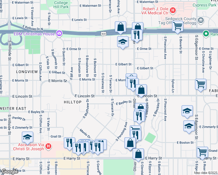 map of restaurants, bars, coffee shops, grocery stores, and more near 843 South Terrace Drive in Wichita