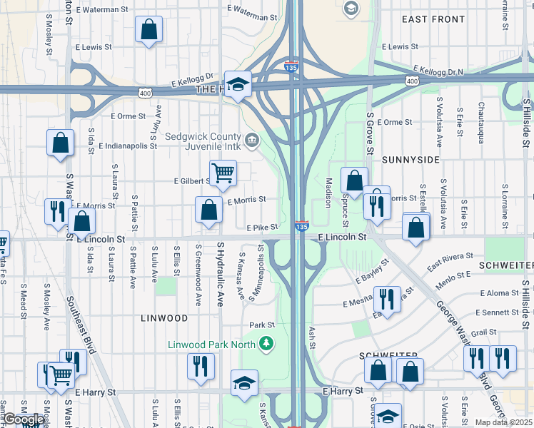 map of restaurants, bars, coffee shops, grocery stores, and more near in Wichita