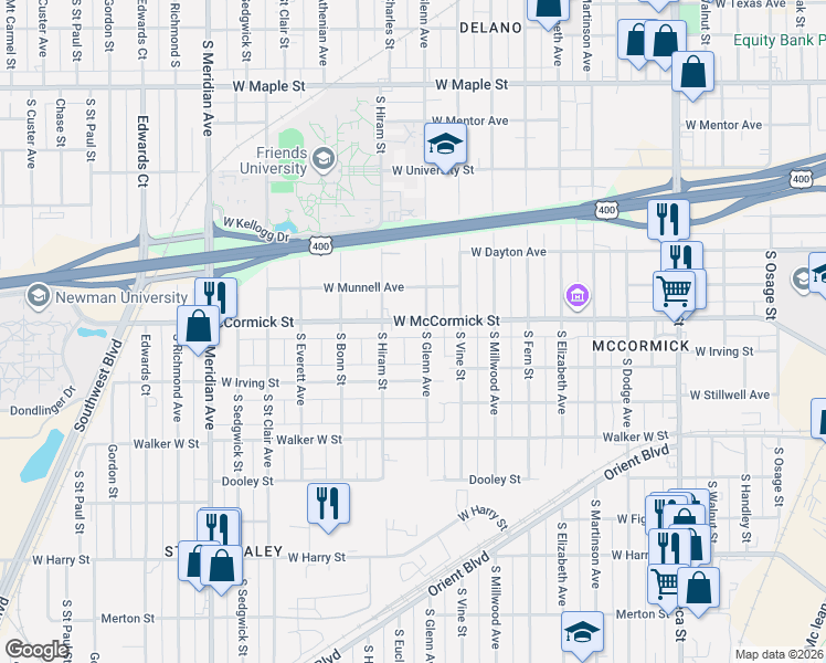 map of restaurants, bars, coffee shops, grocery stores, and more near 918 South Hiram Street in Wichita
