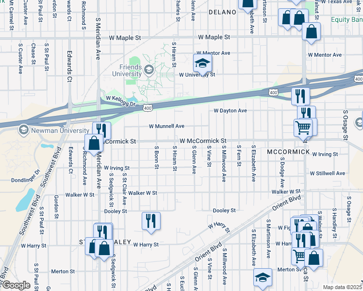 map of restaurants, bars, coffee shops, grocery stores, and more near 918 South Hiram Street in Wichita
