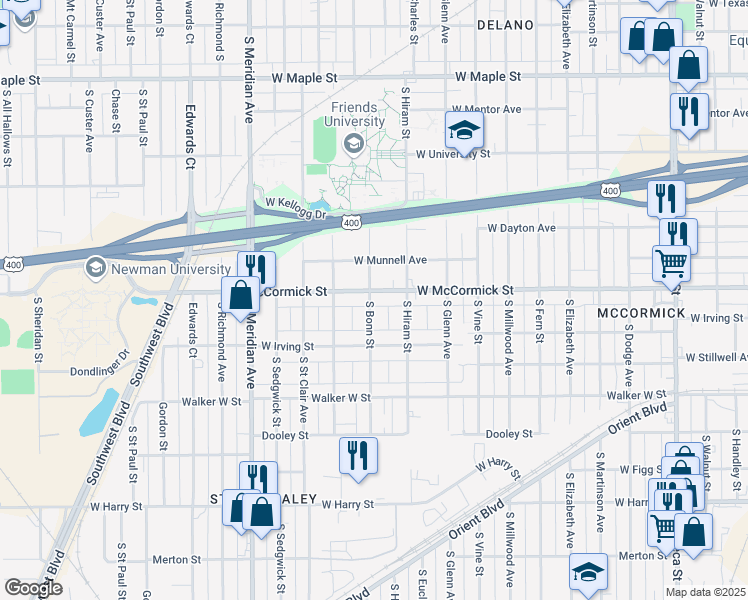 map of restaurants, bars, coffee shops, grocery stores, and more near 925 South Bonn Street in Wichita