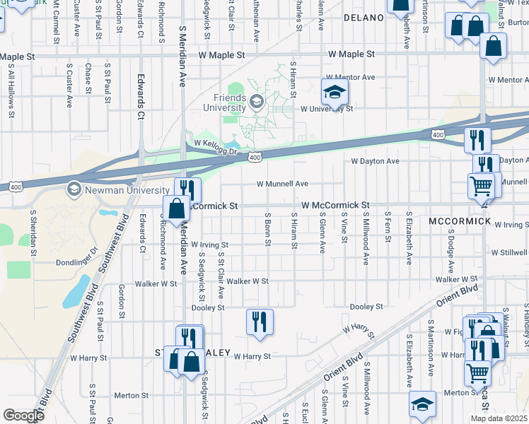 map of restaurants, bars, coffee shops, grocery stores, and more near 925 South Bonn Street in Wichita