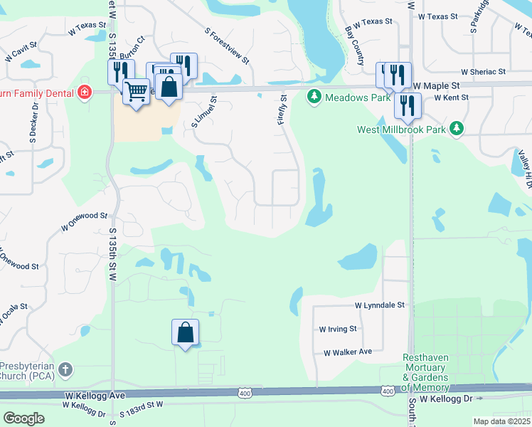 map of restaurants, bars, coffee shops, grocery stores, and more near 613 South Wheatland Circle in Wichita