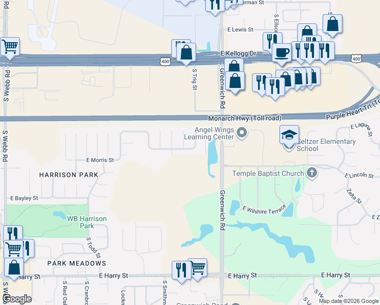 map of restaurants, bars, coffee shops, grocery stores, and more near 11001 East Fawn Grove Street in Wichita