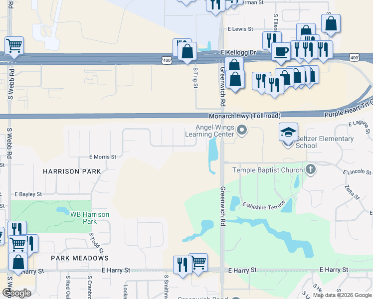 map of restaurants, bars, coffee shops, grocery stores, and more near 11001 Fawn Grove Street in Wichita