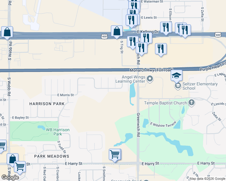 map of restaurants, bars, coffee shops, grocery stores, and more near 736 S Smithmoor Cir in Wichita