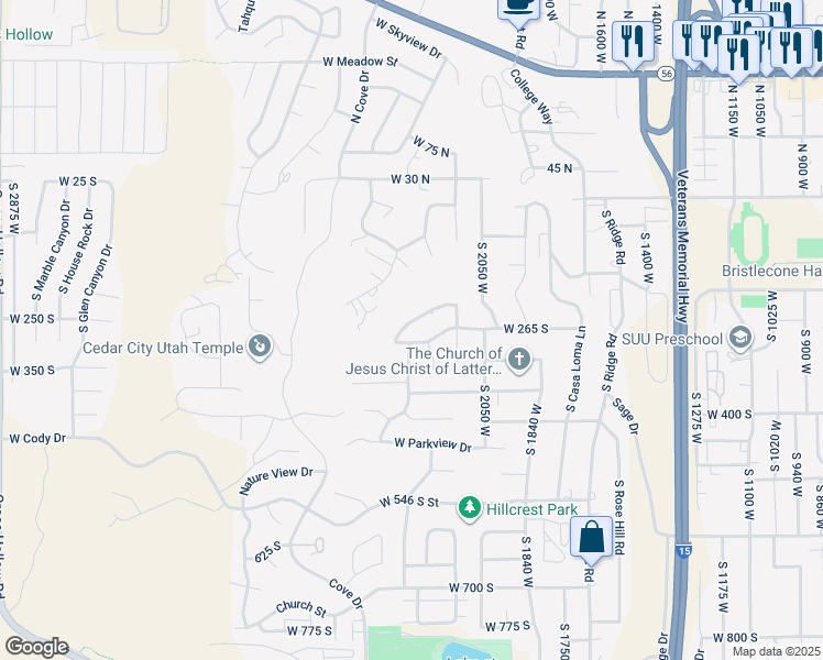 map of restaurants, bars, coffee shops, grocery stores, and more near 2211 West Sunset Pointe Drive in Cedar City