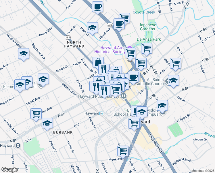 map of restaurants, bars, coffee shops, grocery stores, and more near 770 A Street in Hayward