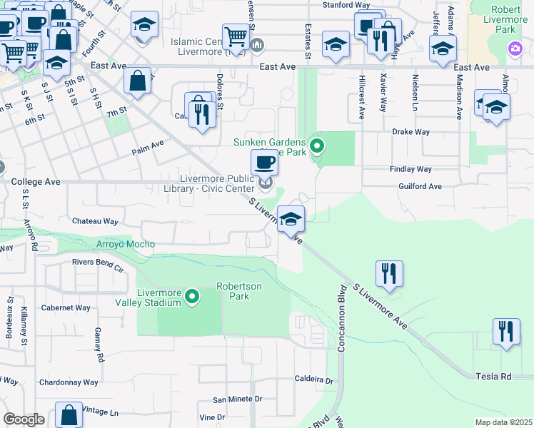 map of restaurants, bars, coffee shops, grocery stores, and more near 1378 South Livermore Avenue in Livermore