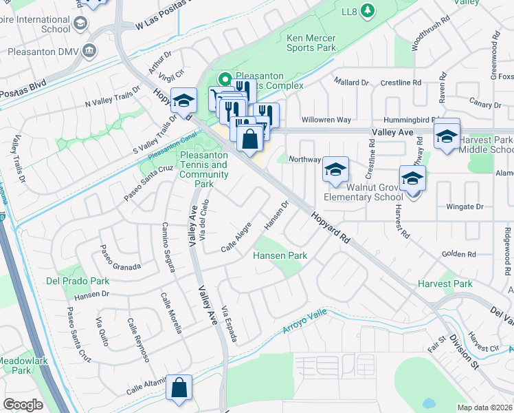 map of restaurants, bars, coffee shops, grocery stores, and more near 5796 Vía Peralta in Pleasanton