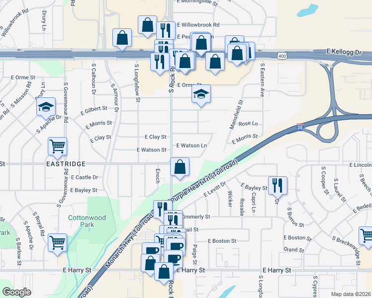 map of restaurants, bars, coffee shops, grocery stores, and more near 8010 South Eastmoor Street in Wichita