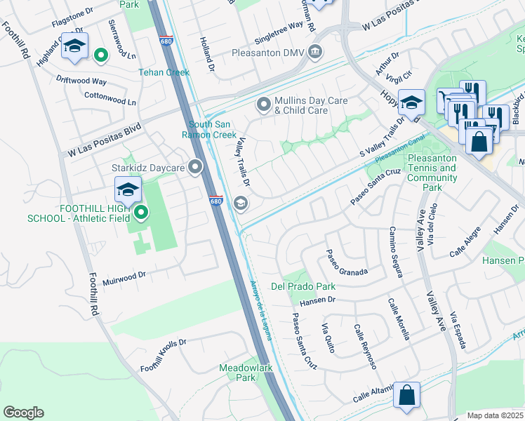 map of restaurants, bars, coffee shops, grocery stores, and more near 3636 Shenandoah Court in Pleasanton