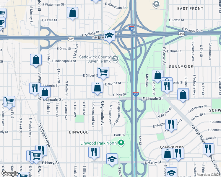 map of restaurants, bars, coffee shops, grocery stores, and more near 1134 South Kansas Street in Wichita
