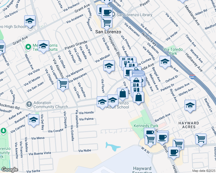 map of restaurants, bars, coffee shops, grocery stores, and more near 17347 Vía Encinas in San Lorenzo