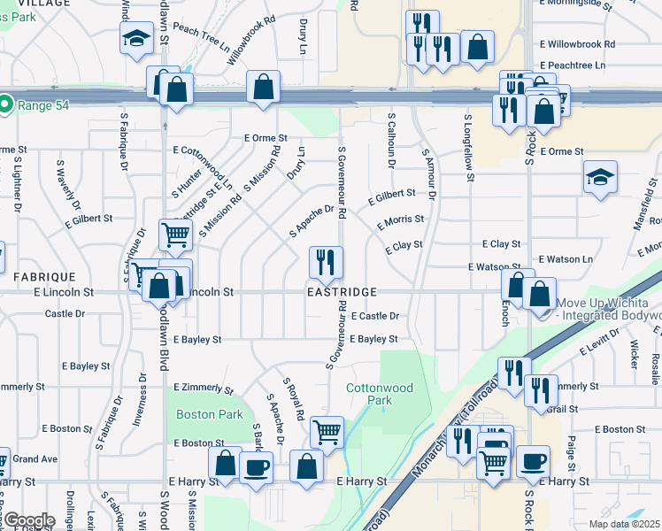map of restaurants, bars, coffee shops, grocery stores, and more near 7090 East Lincoln Street in Wichita