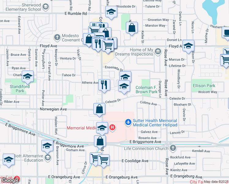 map of restaurants, bars, coffee shops, grocery stores, and more near 1313 Celeste Drive in Modesto