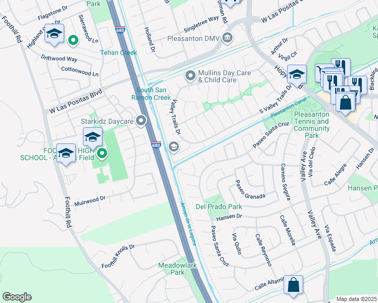 map of restaurants, bars, coffee shops, grocery stores, and more near 3636 Shenandoah Court in Pleasanton