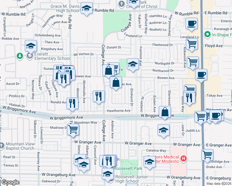 map of restaurants, bars, coffee shops, grocery stores, and more near 1012 Sansome Court in Modesto