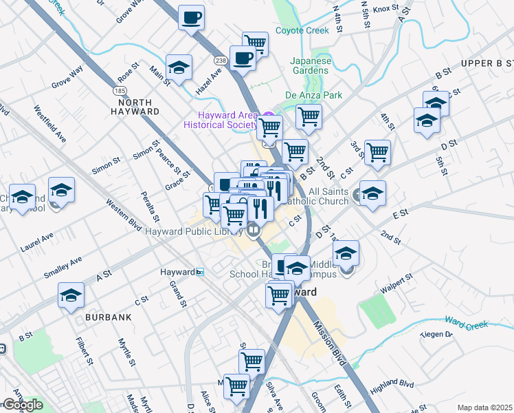 map of restaurants, bars, coffee shops, grocery stores, and more near 938a B Street in Hayward