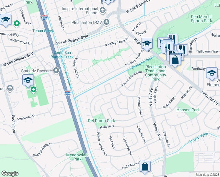 map of restaurants, bars, coffee shops, grocery stores, and more near 6789 Paseo Catalina in Pleasanton