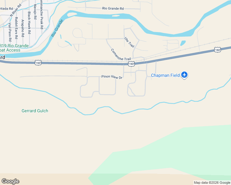 map of restaurants, bars, coffee shops, grocery stores, and more near Pinon View Drive in Rio Grande County