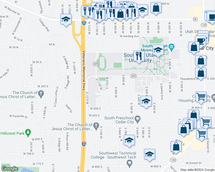 map of restaurants, bars, coffee shops, grocery stores, and more near 250 South 1025 West in Cedar City