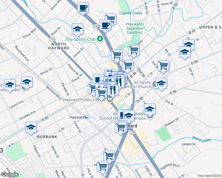 map of restaurants, bars, coffee shops, grocery stores, and more near 22531 Main Street in Hayward