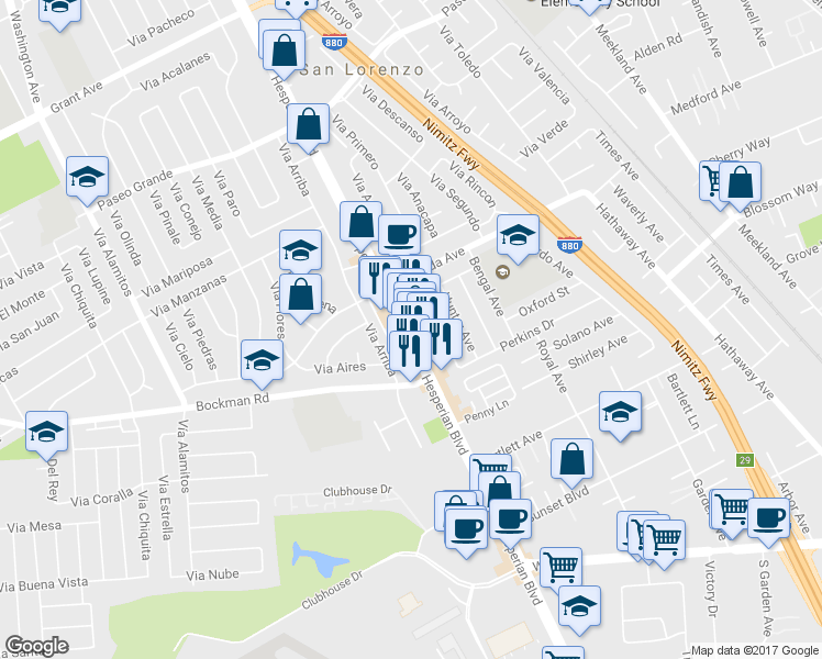 map of restaurants, bars, coffee shops, grocery stores, and more near 17850 Hesperian Blvd in San Lorenzo