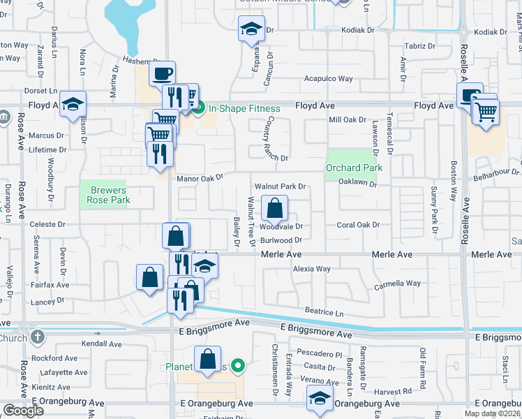 map of restaurants, bars, coffee shops, grocery stores, and more near 2400 Walnut Grove Way in Modesto