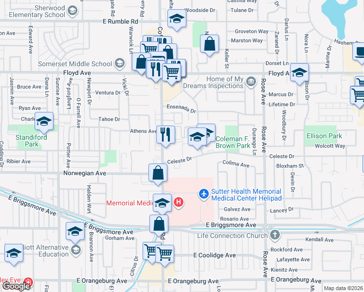map of restaurants, bars, coffee shops, grocery stores, and more near 1317 Celeste Drive in Modesto