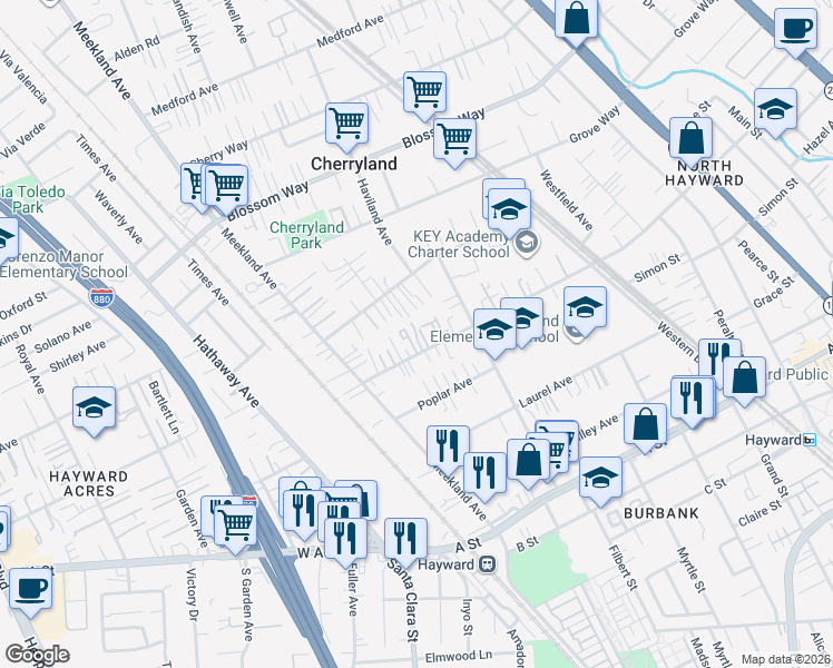 map of restaurants, bars, coffee shops, grocery stores, and more near 215 Sunset Boulevard in Hayward