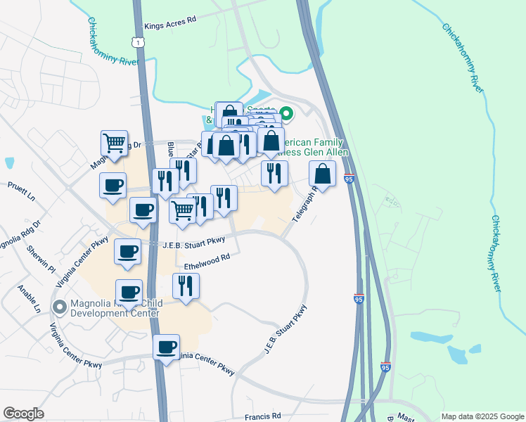 map of restaurants, bars, coffee shops, grocery stores, and more near 10091 Jeb Stuart Parkway in Glen Allen