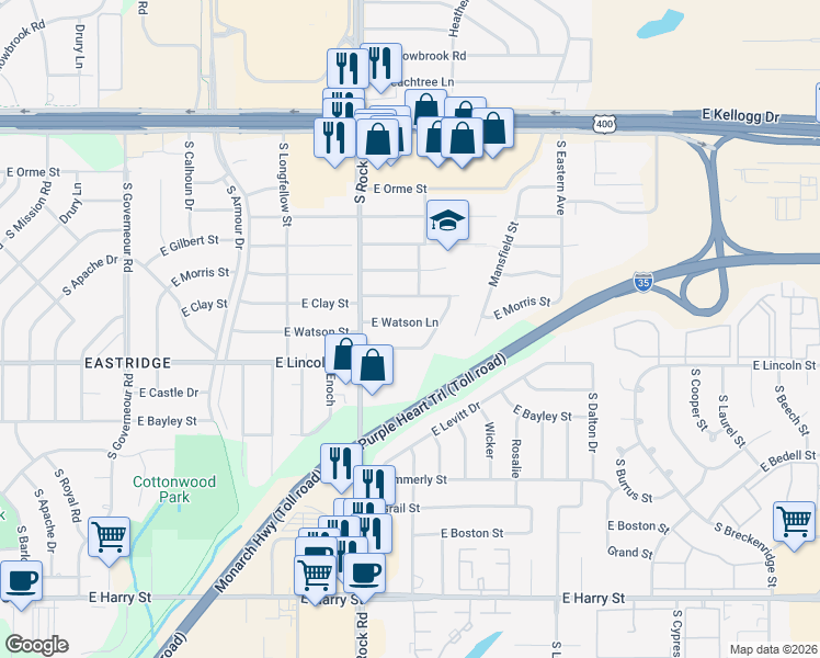 map of restaurants, bars, coffee shops, grocery stores, and more near 8038 East Dresden Lane in Wichita