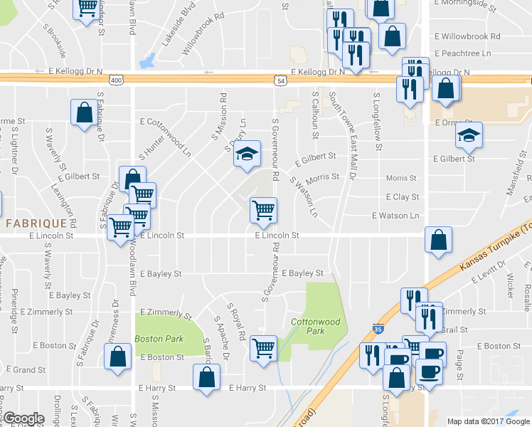 map of restaurants, bars, coffee shops, grocery stores, and more near 7090 East Lincoln Street in Wichita