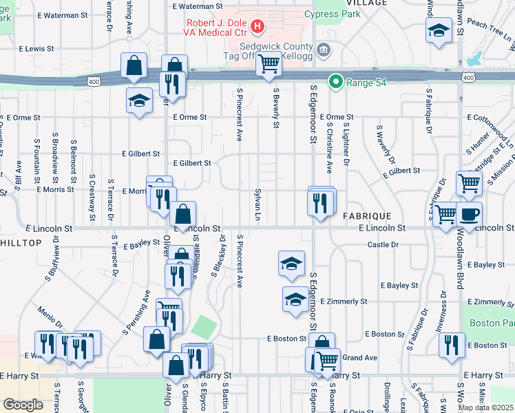 map of restaurants, bars, coffee shops, grocery stores, and more near 859 Sylvan Lane in Wichita