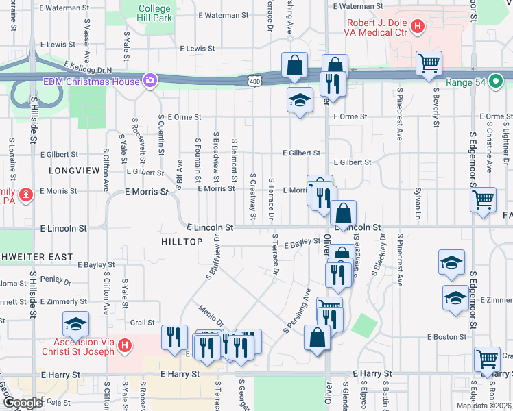 map of restaurants, bars, coffee shops, grocery stores, and more near 843 South Crestway Street in Wichita