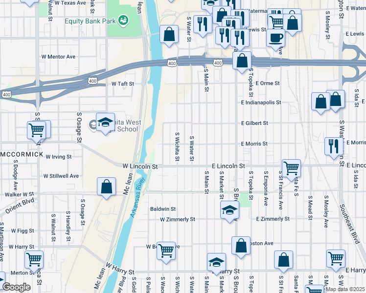 map of restaurants, bars, coffee shops, grocery stores, and more near 1119 South Water Street in Wichita
