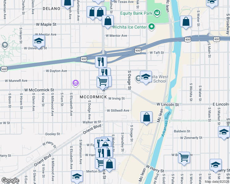 map of restaurants, bars, coffee shops, grocery stores, and more near 1012 West Irving Street in Wichita