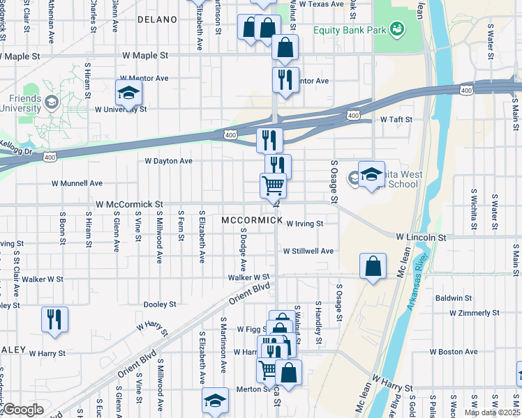 map of restaurants, bars, coffee shops, grocery stores, and more near 1014 South Dodge Avenue in Wichita