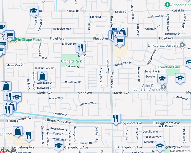 map of restaurants, bars, coffee shops, grocery stores, and more near 2829 Sand Stone Street in Modesto