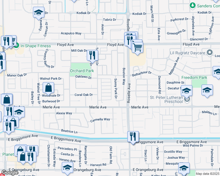 map of restaurants, bars, coffee shops, grocery stores, and more near 2829 Sand Stone Street in Modesto