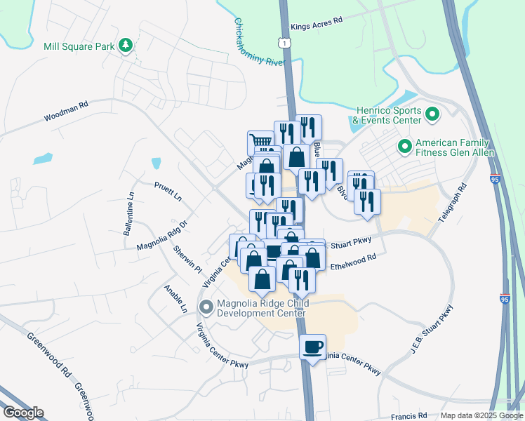 map of restaurants, bars, coffee shops, grocery stores, and more near 10100 Brook Road in Glen Allen
