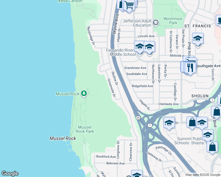 map of restaurants, bars, coffee shops, grocery stores, and more near 52 Oceanside Drive in Daly City